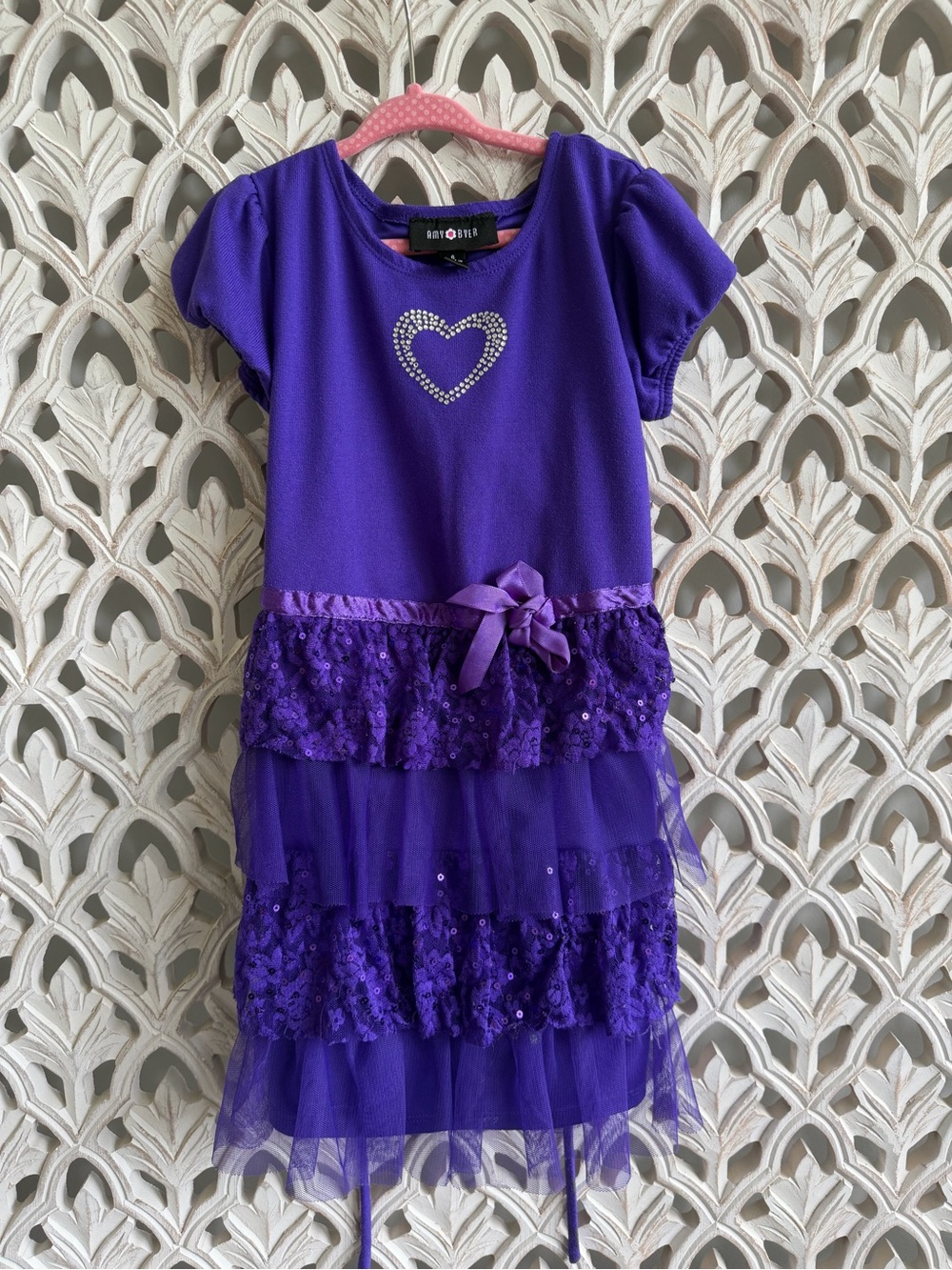 Purple Girls' Tiered Tulle Party Dress with Heart Detail, size 6